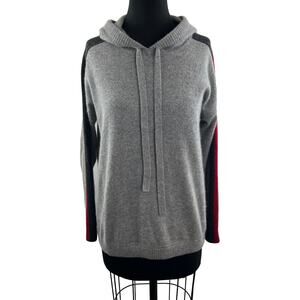 MINNIE ROSE Gray Cashmere Hoodie Long Sleeve Pullover Contrast Stripe Size S